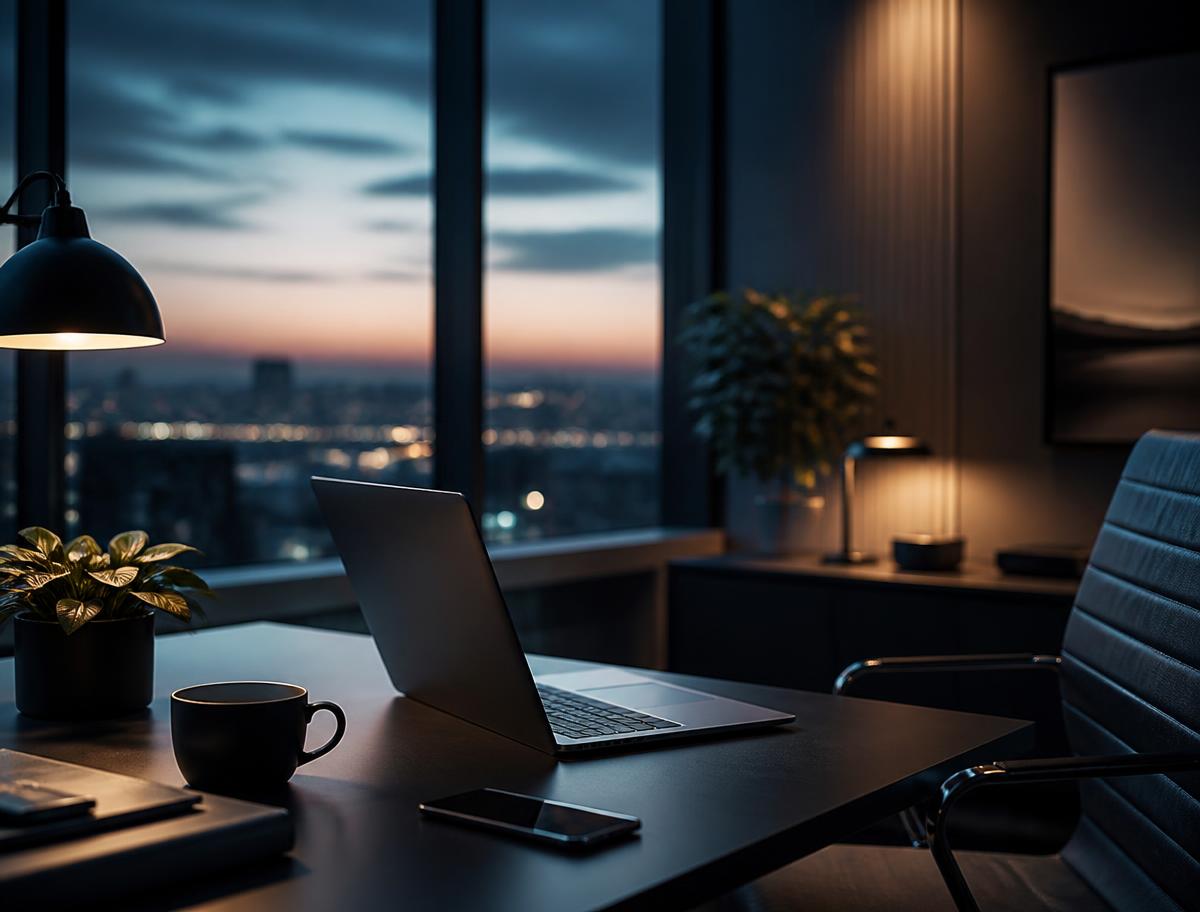 Modern office desk at dusk with a laptop and phone
